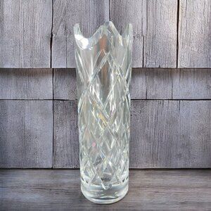 Vintage Ceska Clear Cylinder Crystal Glass Vase Cut Top Edges Czechoslovakia VTG